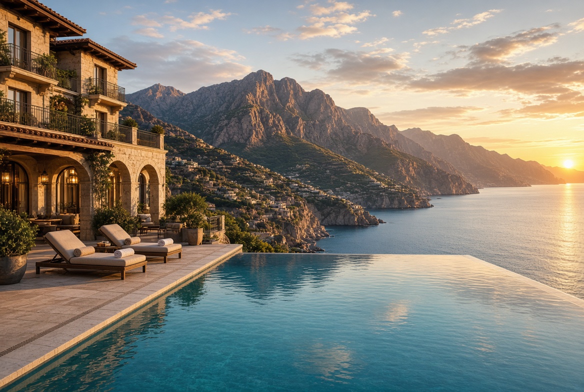 Terrace overlooking the sea at dusk